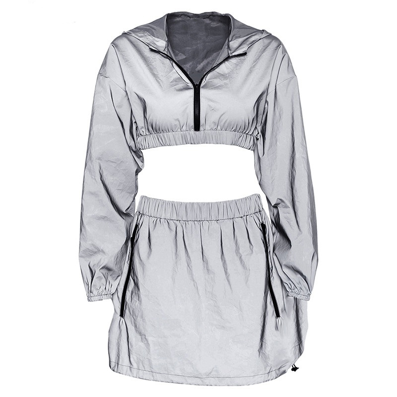 Reflective Two Piece Set Short Hooded Pullover Top And Skirt Set Gray 2 Piece Set Women Fashion Skirt Top Outfits Women 