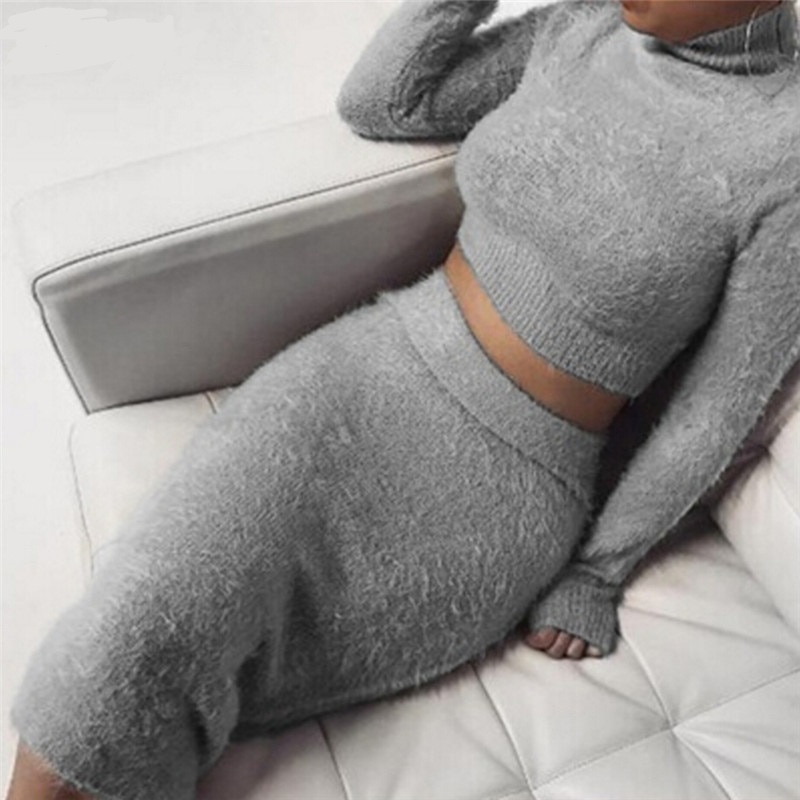 Autumn Women Bandage Suit Long Sleeve Fleece Crop Top Pencil Midi Skirt Solid Bodycon Dress Sweater Tracksuit