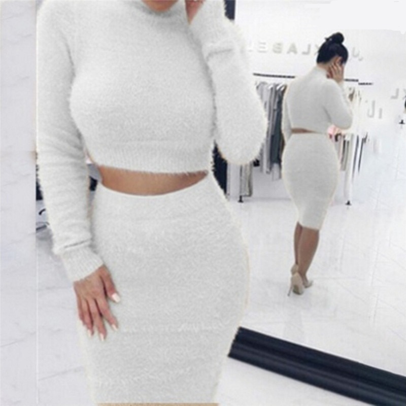 Autumn Women Bandage Suit Long Sleeve Fleece Crop Top Pencil Midi Skirt Solid Bodycon Dress Sweater Tracksuit