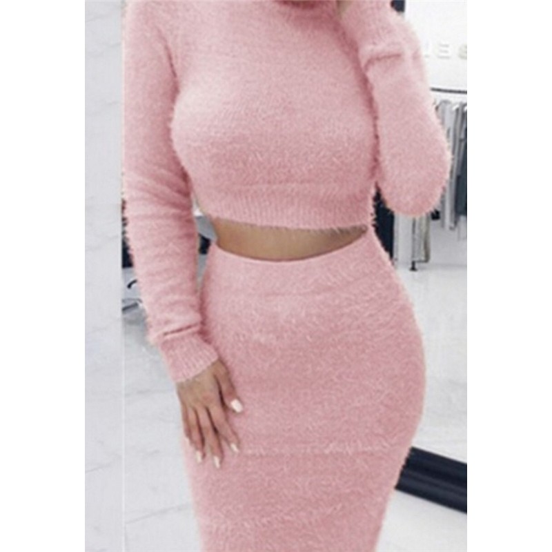 Autumn Women Bandage Suit Long Sleeve Fleece Crop Top Pencil Midi Skirt Solid Bodycon Dress Sweater Tracksuit