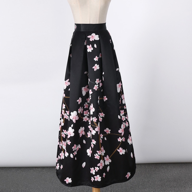 New Satin Women 100cm High Waist Flared Maxi Skirts Peach Blossom Printed Pleated Floor Length Long Skirts