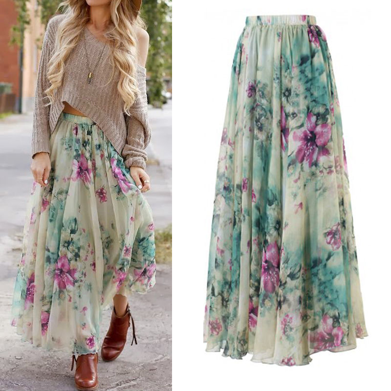 Waist Tulle Floral Chiffon Skirt Women Summer Elastic Waist Long Skirt Girl Princess Skirt Sun Fluffy Tutu Skirt Femme 