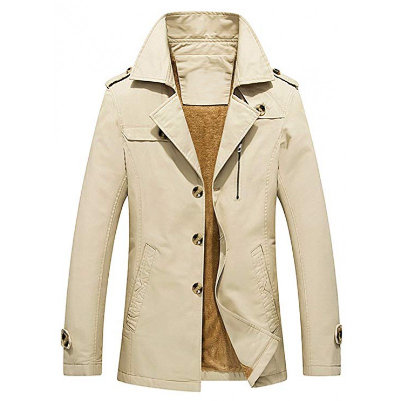 Men's Single-Breast Lightweight Cotton Jacket Coat with Fleece Pea Coat Windbreaker Wind Trench
