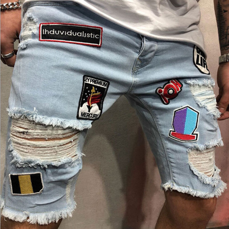  Jeans Shorts Men Fear Of God Cool Street Clothes Mens Jeans Stretchy Ripped Skinny Biker Jeans Destroyed Taped Denim Shorts