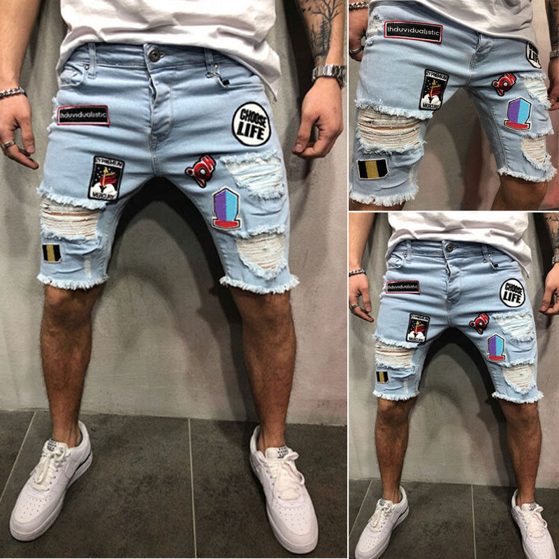  Jeans Shorts Men Fear Of God Cool Street Clothes Mens Jeans Stretchy Ripped Skinny Biker Jeans Destroyed Taped Denim Shorts