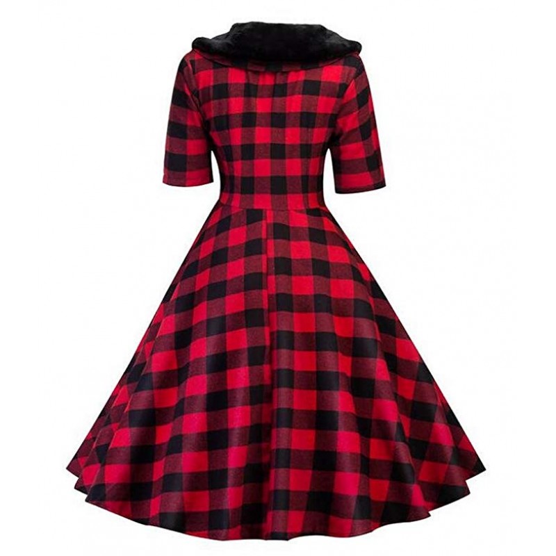 Womens Plaid Print 3/4 Sleeve Lapel Vintage 1950s Party Swing Midi Dress