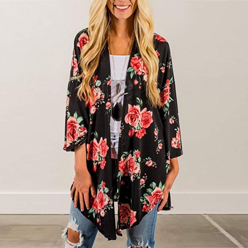 Womens Print Bohemian Elegant Cardigan Ladies Long Kimono Oversized Shawl Blouse Slim Fit Tops