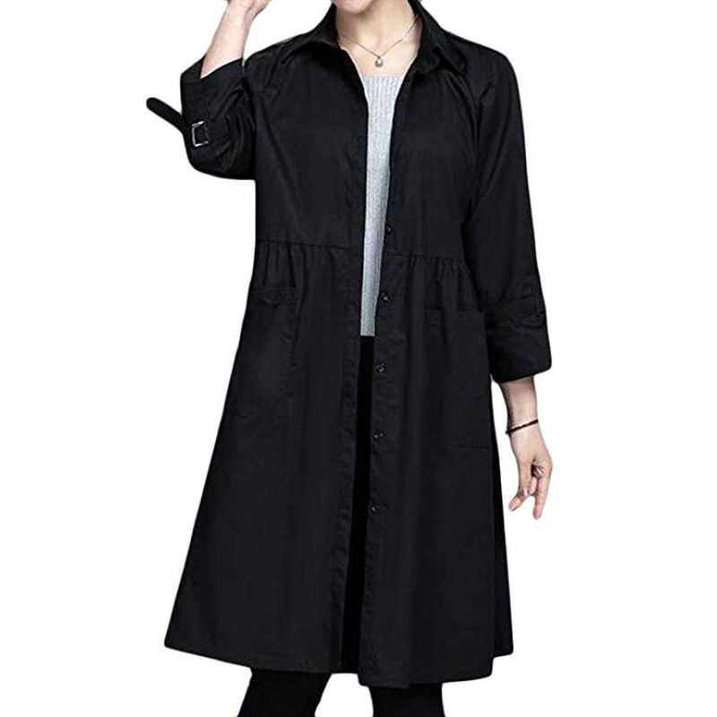 Women Loose Fit Button Spread Collar Solid Plus Size Lightweight Raincoat