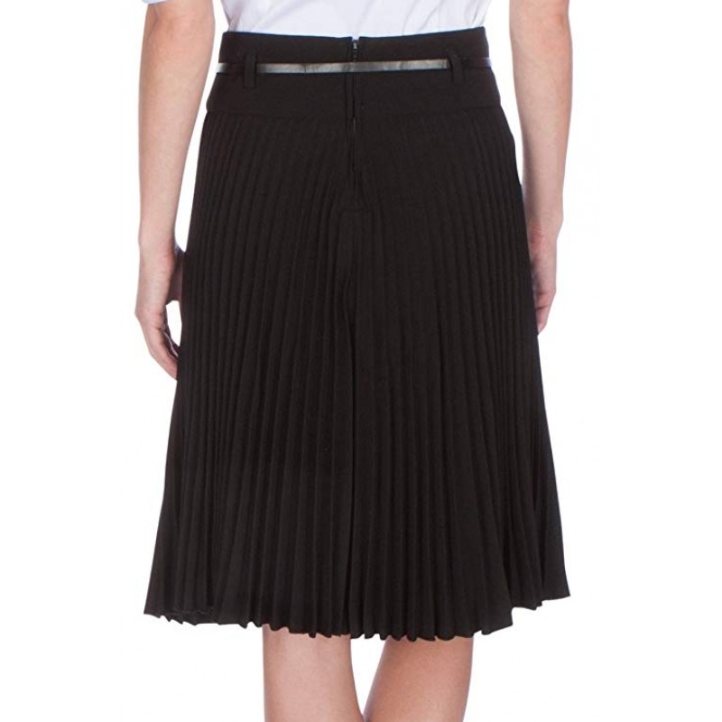 Knee Length Pleated A-Line Skirt with Skinny Belt