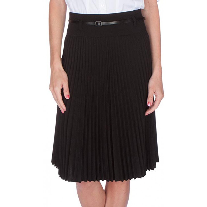 Knee Length Pleated A-Line Skirt with Skinny Belt