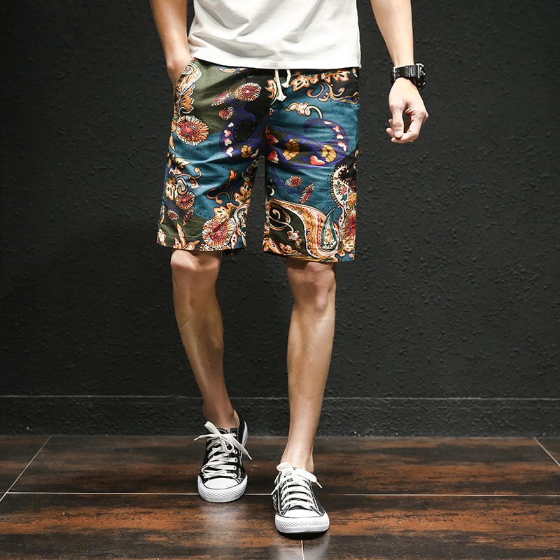 summer new Hawaiian style flower beach shorts men's cotton linen elastic waist large size casual shorts