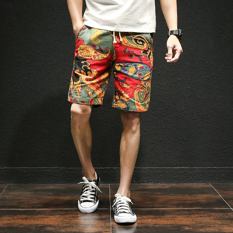 summer new Hawaiian style flower beach shorts men's cotton linen elastic waist large size casual shorts