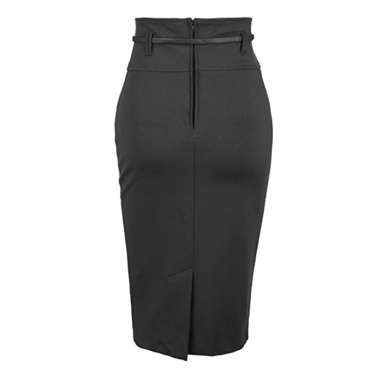 Womens Fitted High Waisted Midi Skirt with Faux Leather Belt