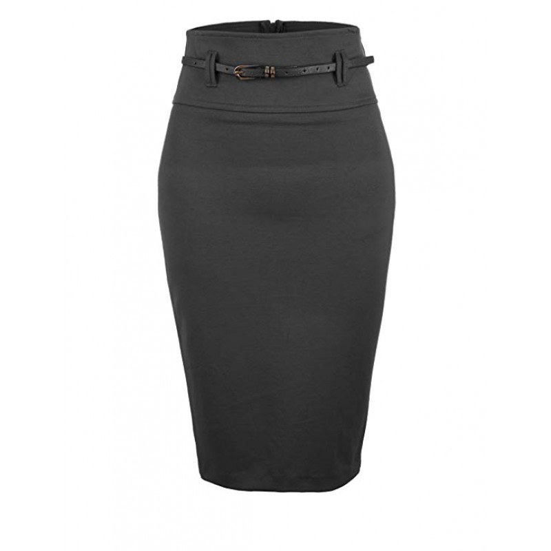 Womens Fitted High Waisted Midi Skirt with Faux Leather Belt