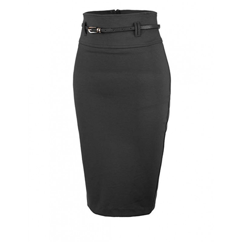 Womens Fitted High Waisted Midi Skirt with Faux Leather Belt