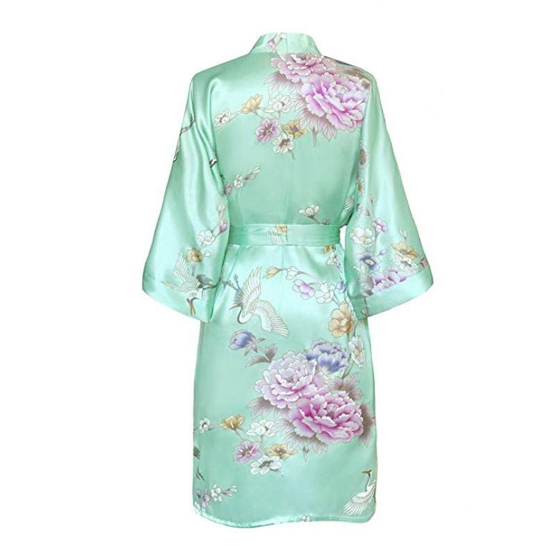 Old Shanghai Women's Kimono Short Robe - Chrysanthemum & Crane