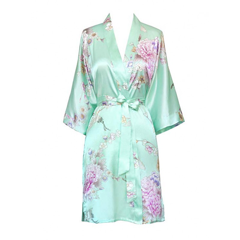 Old Shanghai Women's Kimono Short Robe - Chrysanthemum & Crane