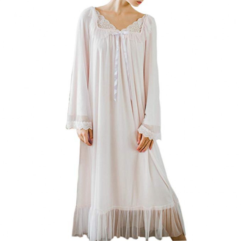 Women's Long Sheer Vintage Victorian Lace Nightgown Sleepwear Pyjamas Lounge Dress Nightwear