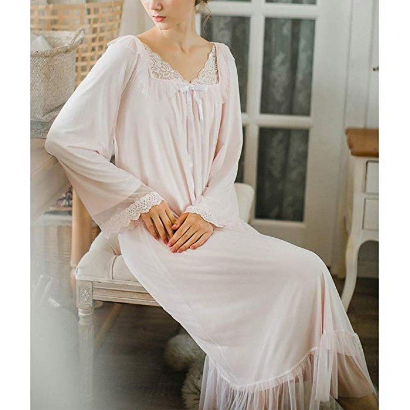 Women's Long Sheer Vintage Victorian Lace Nightgown Sleepwear Pyjamas Lounge Dress Nightwear