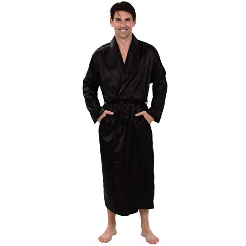 Mens Satin Solid Color Robe, Long Lightweight Loungewear