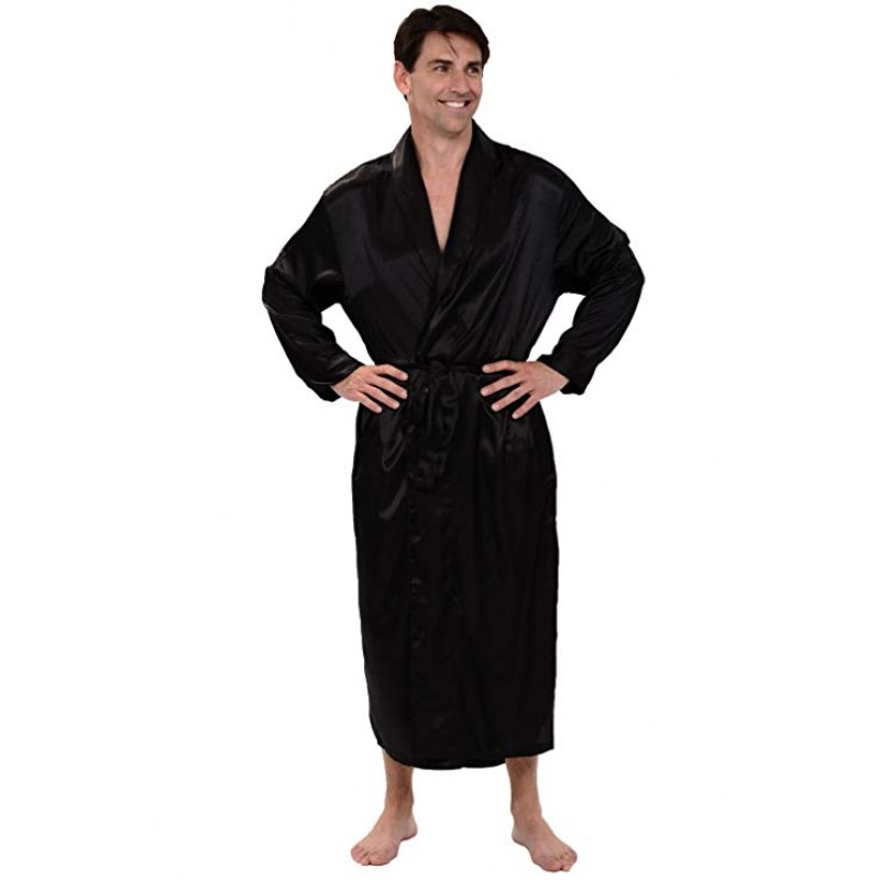 Mens Satin Solid Color Robe, Long Lightweight Loungewear